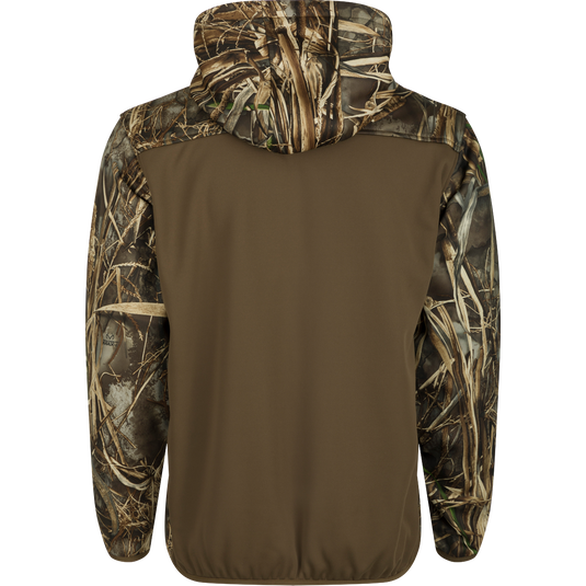 MST Endurance Soft Shell Hoodie - Realtree, a jacket with a camouflage pattern. Features include Magnattach™ Call Pocket, zipped pockets, mesh-lined sleeves, quarter-zip neck, fleece-lined hood with drawstring, and elastic waist hem.