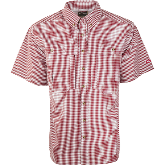 A red Gingham Plaid Wingshooter's Shirt S/S: Red & white checkered shirt with StayCool fabric. Features: Quick-drying, breathable, heat vents, mesh back, sun blocker collar, chest pockets, zippered pocket, Magnattach™ pocket.