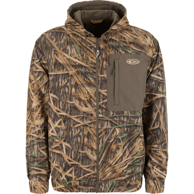 MST Waterproof Full Zip Jacket w/ Hood in an insulated camo-print design featuring a hooded zip-up style and a solid brown chest pocket.