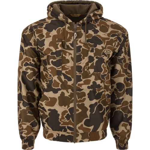 MST Waterproof Full Zip Jacket w/ Hood features a camo pattern, chest and kangaroo pockets, elastic cuffs, and a drawstring hood, ideal for hunting.