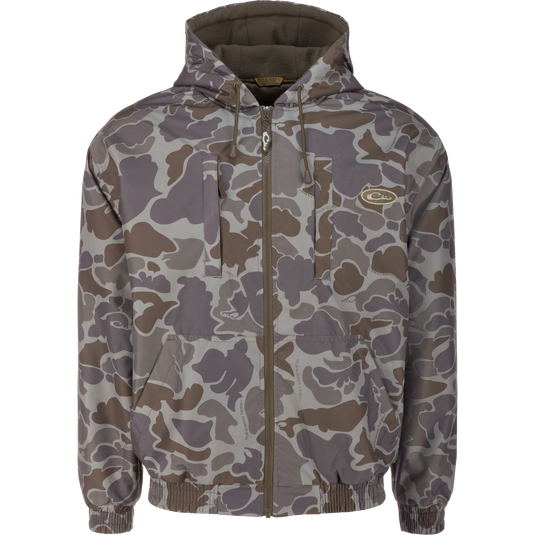 MST Waterproof Full Zip Jacket w/ Hood, featuring camouflage pattern, chest and waist pockets, elastic cuffs and hem, and drawstring hood, ideal for hunters.