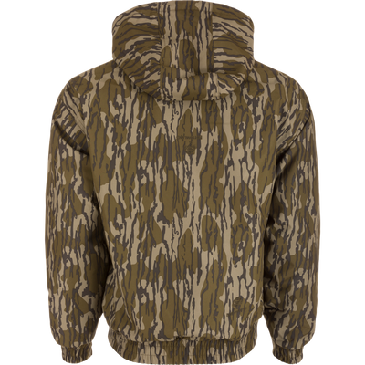 MST Waterproof Full Zip Jacket w/ Hood featuring a camouflage pattern, elastic cuffs, drawstring hood, and lower slash pockets for hunting in varied conditions.