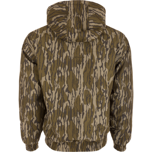 MST Waterproof Full Zip Jacket w/ Hood featuring a camouflage pattern, elastic cuffs, drawstring hood, and lower slash pockets for hunting in varied conditions.