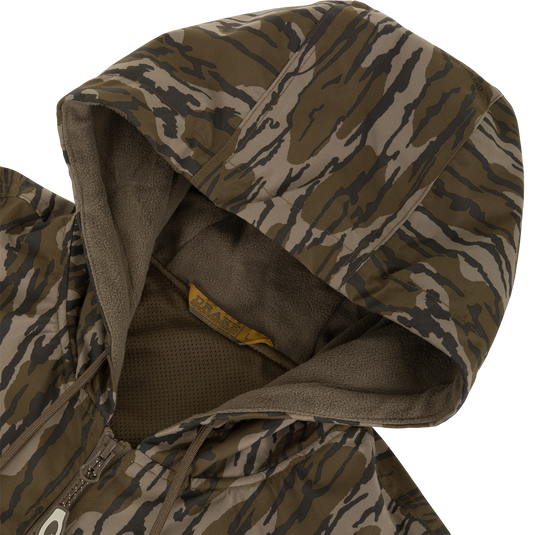MST Waterproof Full Zip Jacket w/ Hood in a brown and green camouflage pattern, featuring a fleece-lined interior and a waterproof design.