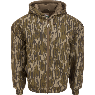MST Waterproof Full Zip Jacket w/ Hood featuring camouflage design, zipper detail, elastic cuffs, and drawstring hood for hunting in various conditions.