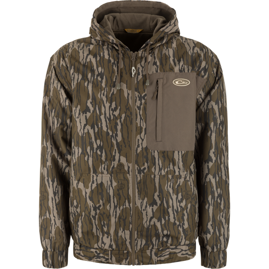 MST Waterproof Full Zip Jacket w/ Hood in a brown and green camouflage pattern with a solid brown chest pocket.