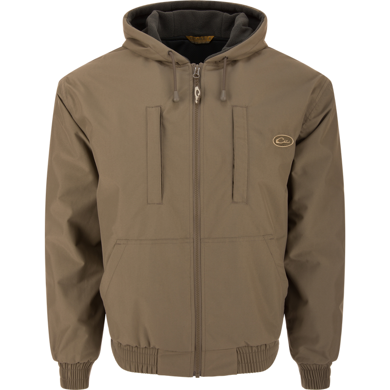 MST Waterproof Full Zip Jacket w/ Hood, featuring a drawstring hood, full-length zipper, chest and hand-warmer pockets, elastic cuffs, and hem for outdoor hunting.