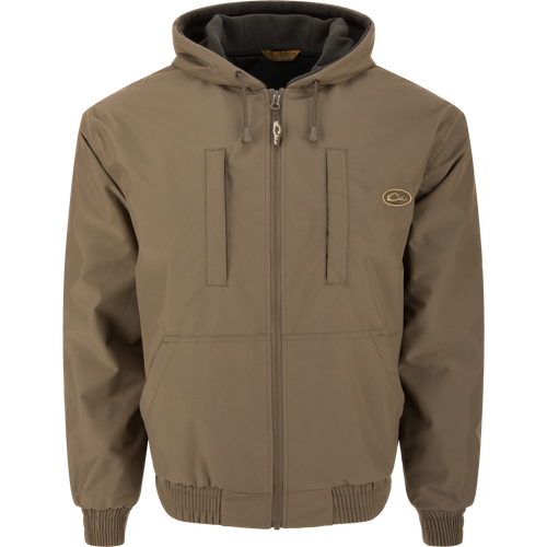 MST Waterproof Full Zip Jacket w/ Hood, featuring a drawstring hood, full-length zipper, chest and hand-warmer pockets, elastic cuffs, and hem for outdoor hunting.