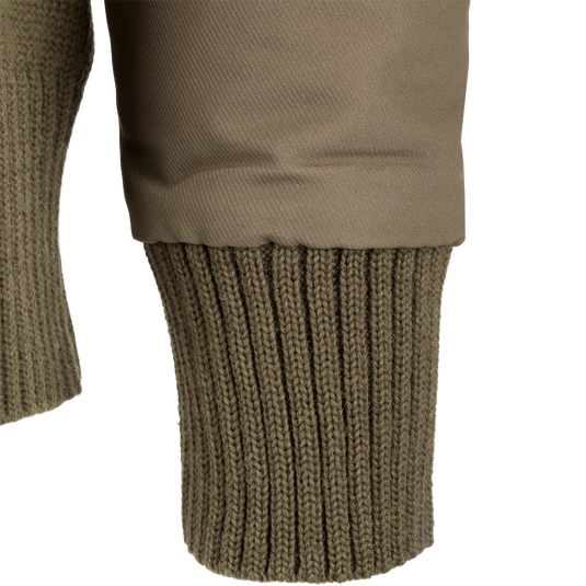 Solid 1/4 Zip Wool Sweater: Close-up of knitted wool sleeve and fabric. Old school meets new school in this warm and breathable sweater with a polyester upper treated with DWR for weather protection. Perfect for hunting, fishing, and outdoor adventures.