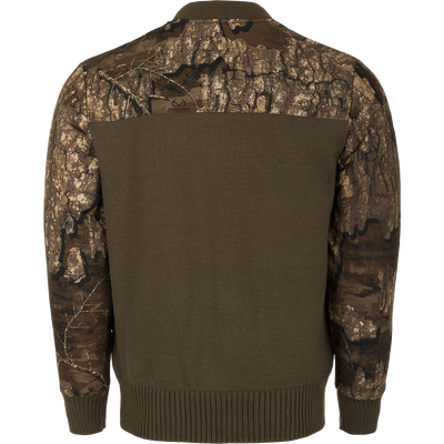 Camo 1/4 Zip Wool Sweater: Back view of a warm and breathable sweater with a knitted wool lower and a polyester upper treated with DWR for protection.