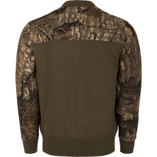 Camo 1/4 Zip Wool Sweater: Back view of a warm and breathable sweater with a knitted wool lower and a polyester upper treated with DWR for protection.