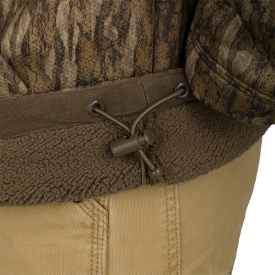 Close-up of the LST Silencer Fleece-Lined Hoodie, showcasing its soft fleece interior and double-lined hood with drawstring for wind protection and extra warmth.