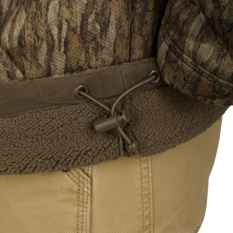 A close-up of the LST Silencer Fleece-Lined Hoodie, featuring a double-lined hood and kangaroo pouch for added warmth and comfort.