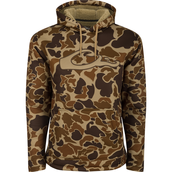 LST Silencer Fleece-Lined Hoodie: A camouflage hoodie with a logo, double-lined hood, and kangaroo pouch. Perfect for cool days in duck camp.
