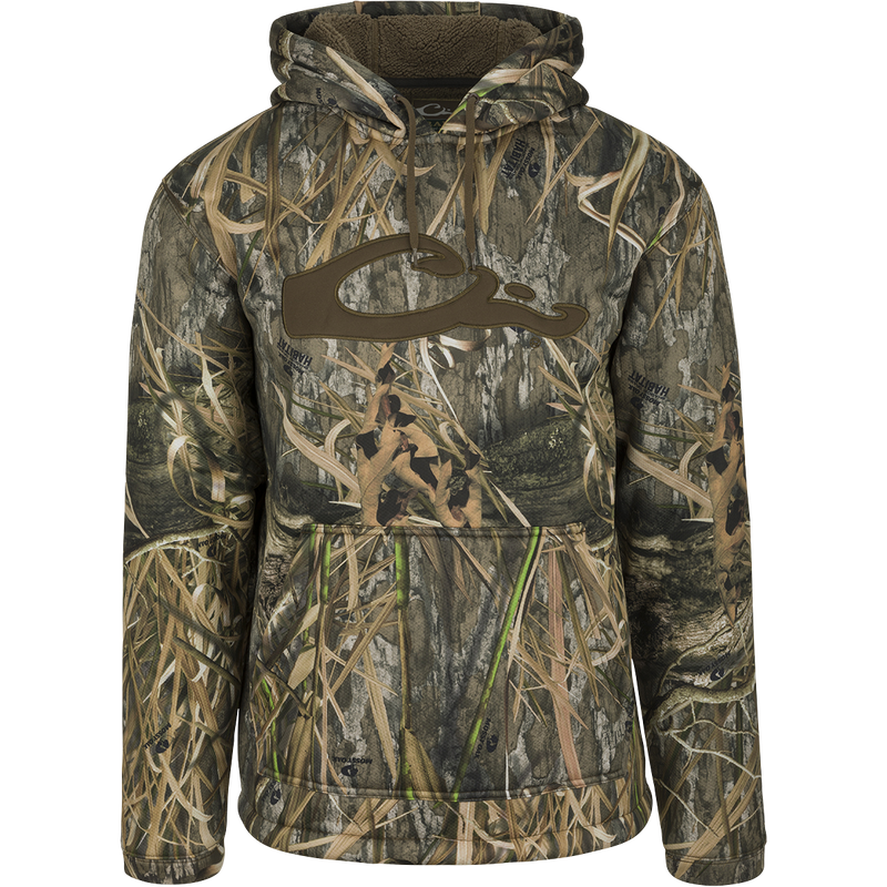 LST Silencer Fleece-Lined Hoodie: A camouflage jacket with a double-lined hood and kangaroo pouch, perfect for cool days in duck camp.