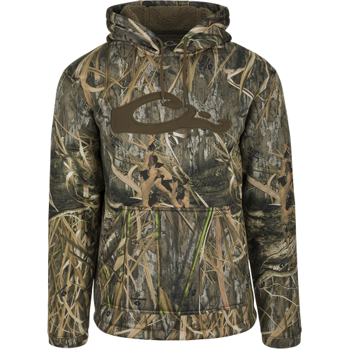 LST Silencer Fleece-Lined Hoodie: A camouflage jacket with a double-lined hood and kangaroo pouch, perfect for cool days in duck camp.