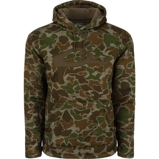 LST Silencer Fleece-Lined Hoodie: A camouflage hoodie with a double-lined hood and kangaroo pouch, perfect for cool days in duck camp.