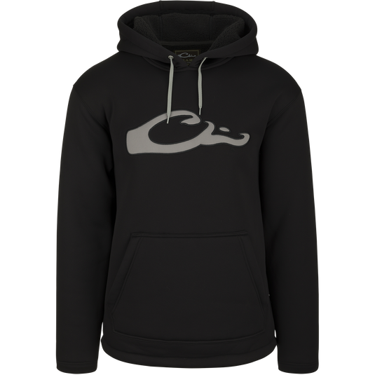 A black hoodie with a logo, perfect for cool days and evenings in duck camp.
