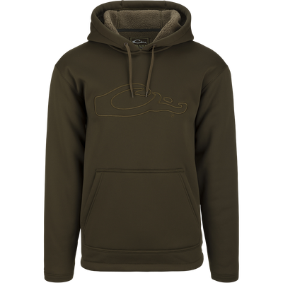 A high-performance LST Silencer Fleece-Lined Hoodie with double-lined hood and kangaroo pouch, perfect for cool days and evenings in duck camp.