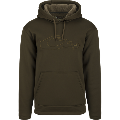 A high-performance LST Silencer Fleece-Lined Hoodie with double-lined hood and kangaroo pouch, perfect for cool days and evenings in duck camp.