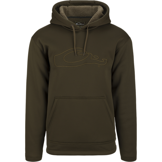 A high-performance LST Silencer Fleece-Lined Hoodie with double-lined hood and kangaroo pouch, perfect for cool days and evenings in duck camp.