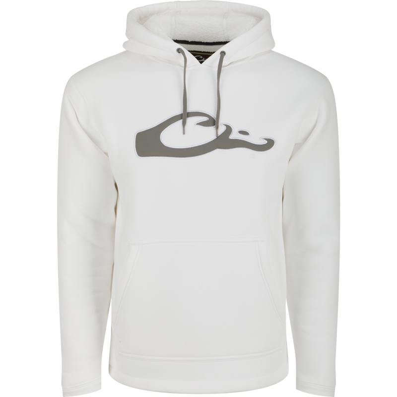 A white LST Silencer Fleece-Lined Hoodie with a logo on it, featuring a double-lined hood and kangaroo pouch. Perfect for cool days and evenings in duck camp.