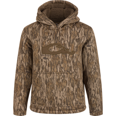 Camouflage LST Youth Silencer Hoodie with double-lined hood, fleece-lined kangaroo pouch, and excellent stretch for enhanced comfort and mobility.
