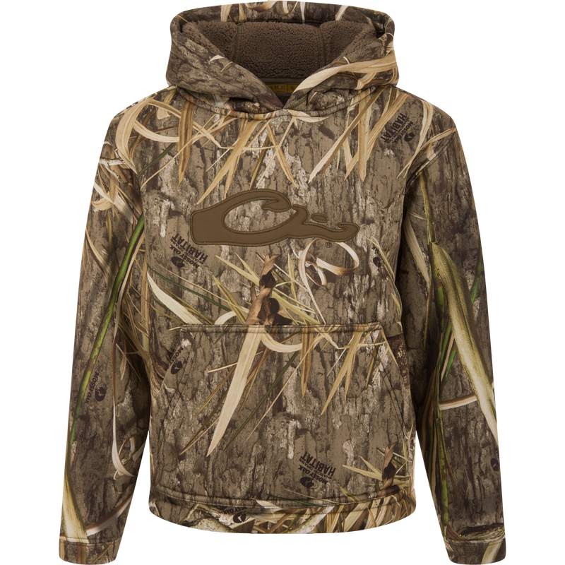 LST Youth Silencer Hoodie with Mossy Oak Habitat print, featuring a fleece-lined hood, kangaroo pocket, and appliquéd C logo for comfort and field durability.