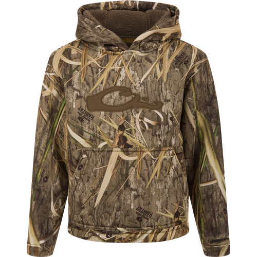 LST Youth Silencer Hoodie with Mossy Oak Habitat print, featuring a fleece-lined hood, kangaroo pocket, and appliquéd C logo for comfort and field durability.