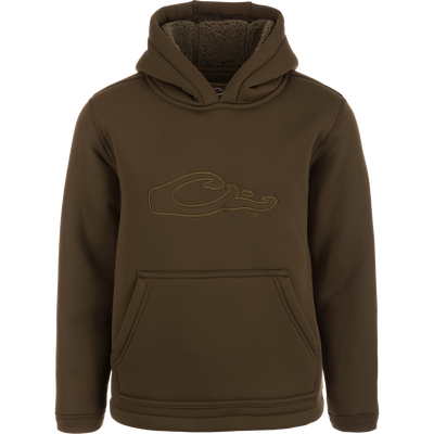 LST Youth Silencer Hoodie with logo, featuring a double-lined hood and fleece-lined kangaroo pouch for warmth and comfort, shown in close-up.