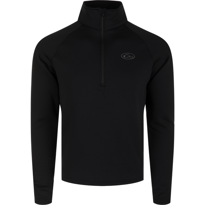 LST Heavyweight Baselayer 1/4 Zip Top: A close-up of a black jacket with a zipper, offering exceptional stretch and warmth without weight. Moisture-wicking technology keeps you comfortable.