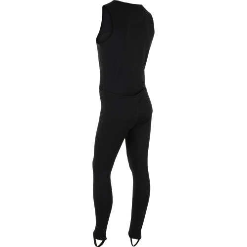 LST Heavyweight Baselayer Union Suit: A black bodysuit with shorts, designed for comfort and performance. Made from nylon, polyester, and spandex, it provides exceptional stretch, extreme warmth, and moisture-wicking capabilities. Features a stirrup strap for layering and a front zip and drop seat for quick relief.