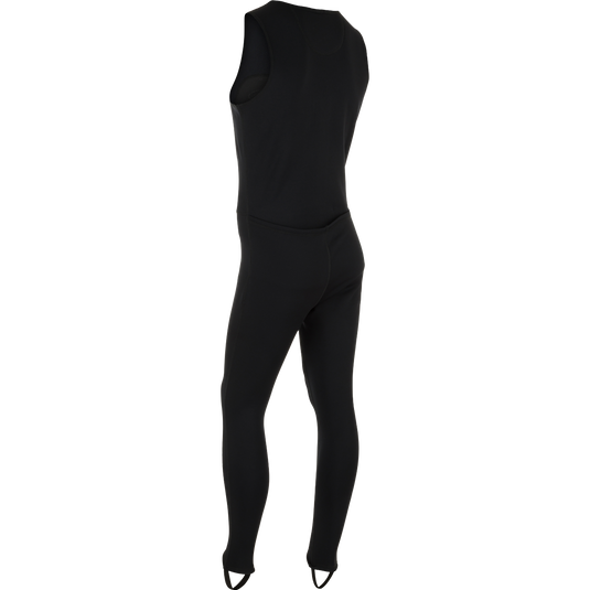 LST Heavyweight Baselayer Union Suit: A black bodysuit with shorts, designed for comfort and performance. Made from nylon, polyester, and spandex, it provides exceptional stretch, extreme warmth, and moisture-wicking capabilities. Features a stirrup strap for layering and a front zip and drop seat for quick relief.