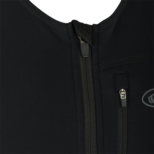 LST Heavyweight Baselayer Union Suit: Close-up of black jacket with zipper and black handle. Exceptional stretch, extreme warmth, and moisture-wicking capabilities. Stirrup strap for layering and front zip with drop seat for quick relief.