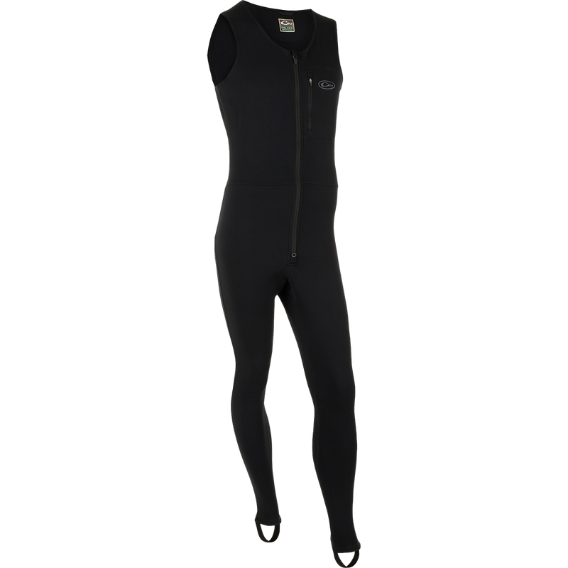 LST Heavyweight Baselayer Union Suit: A person wearing a black tight suit with a zipper and stirrup strap for layering under waders.