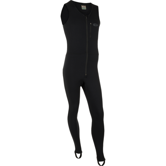 LST Heavyweight Baselayer Union Suit: A person wearing a black tight suit with a zipper and stirrup strap for layering under waders.