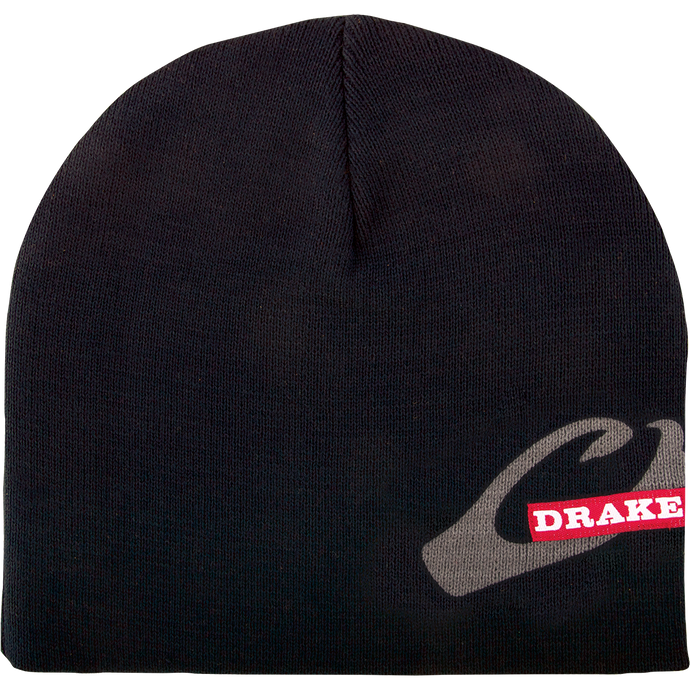 A black beanie with a logo on it, featuring a deep cut for ear coverage. Made of windproof knit poly-fleece. Perfect for outdoor activities.