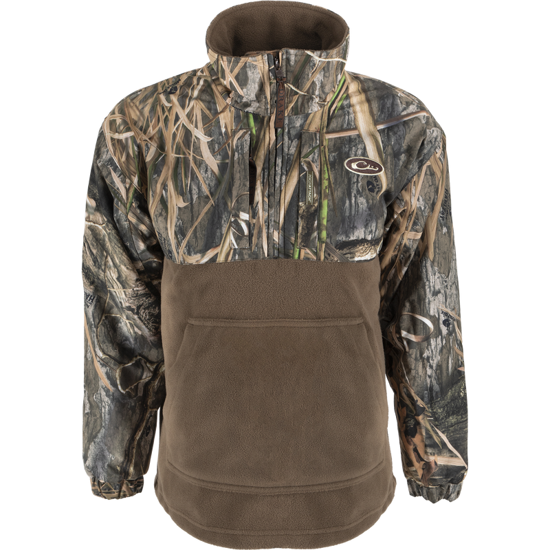 Camouflage jacket with waterproof sleeves and breathable fleece lower body, featuring Magnattach™ pocket, zippered chest pocket, and kangaroo pouch. Suitable for waterfowl hunting.