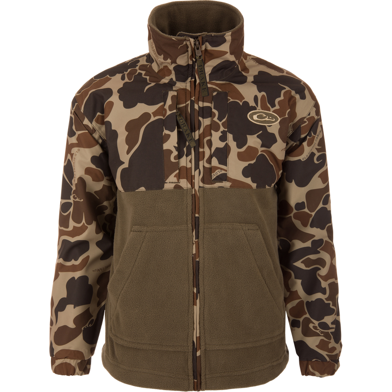 MST Youth Eqwader Full Zip Jacket featuring camo-shell upper and olive-brown fleece lower, with waterproof sleeves, high collar, and branded zipper pulls for enhanced comfort.