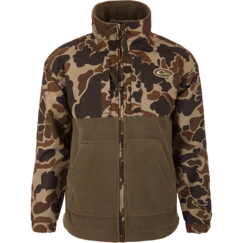 MST Youth Eqwader Full Zip Jacket featuring camo-shell upper and olive-brown fleece lower, with waterproof sleeves, high collar, and branded zipper pulls for enhanced comfort.