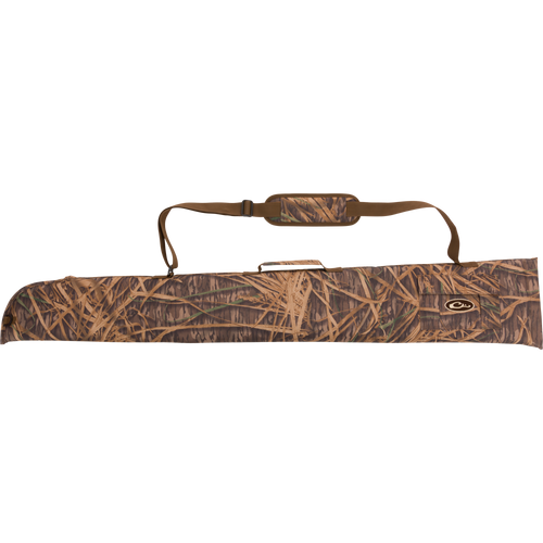 Alt text: Side-Opening Gun Case in rugged HD2™ material with nylon interior, featuring hook & loop side flap, adjustable strap, and choke tube pocket. Ideal for shotguns up to 52 length.