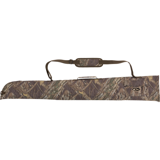 Alt text: Side-Opening Gun Case with camouflage design, adjustable strap, and outer accessory pocket. Ideal for shotguns up to 52 in length. From Drake Waterfowl, known for premium hunting gear.
