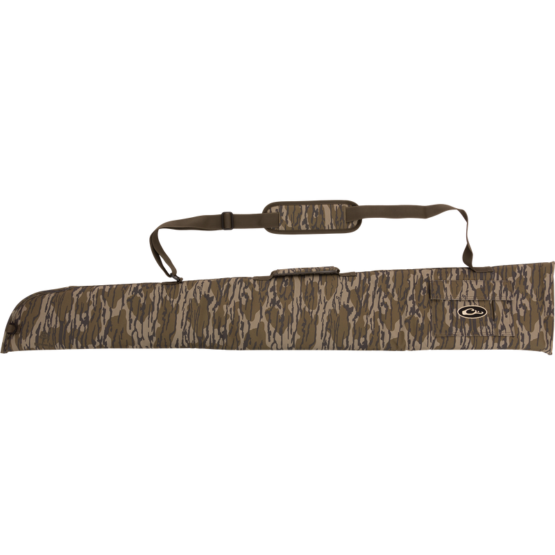 Alt text: Side-Opening Gun Case in rugged HD2™ material with nylon interior. Features adjustable strap, top handle, and choke tube pocket. Ideal for shotguns up to 52 length. From Drake Waterfowl.