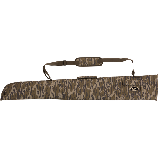Alt text: Side-Opening Gun Case in rugged HD2™ material with nylon interior. Features adjustable strap, top handle, and choke tube pocket. Ideal for shotguns up to 52 length. From Drake Waterfowl.