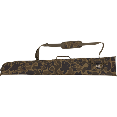 The Waterfowl Side-Opening Gun Case features a camo pattern, HD2 material, handle, and adjustable padded shoulder strap for secure firearm transport.