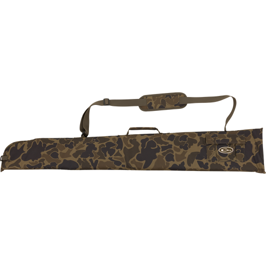 The Waterfowl Side-Opening Gun Case features a camo pattern, HD2 material, handle, and adjustable padded shoulder strap for secure firearm transport.