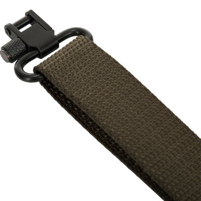 Close-up of the Waterfowl Gunslinger Shotgun Sling's tan fabric strap with a black metal clasp, highlighting its durable polypropylene braided cord.