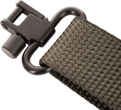 Close-up of Gunslinger Waterfowl Shotgun Sling with Tree Loop, showcasing sturdy nylon strap and black metal hardware, ideal for secure, noise-free firearm attachment.