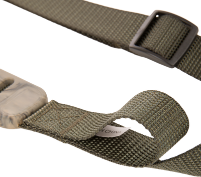 Gunslinger Waterfowl Shotgun Sling close-up showing olive nylon strap with plastic adjuster, highlighting durability and secure attachment for hunting.