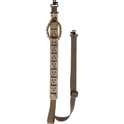 Gunslinger Waterfowl Shotgun Sling with Tree Loop featuring dual quick-disconnect swivels, nylon straps, central polymer pad, and braided paracord for secure, weather-resistant firearm carrying.